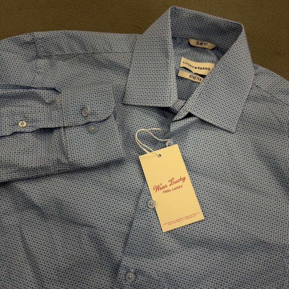 Lucky Brand Long Sleeve Button Up Dress Shirt Mens S 14-14.5 Blue Geometric Slim